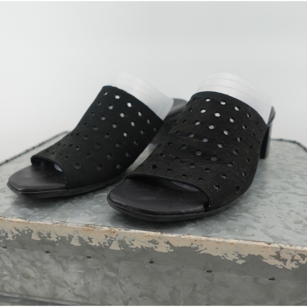 Munro American Womens Black Suede Perforated Block Heel Slide Sandals Size 8‎ M